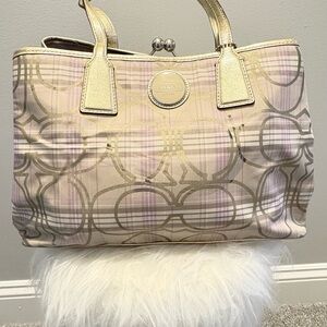 Coach Plaid Tote Bag - Gold and Lavender